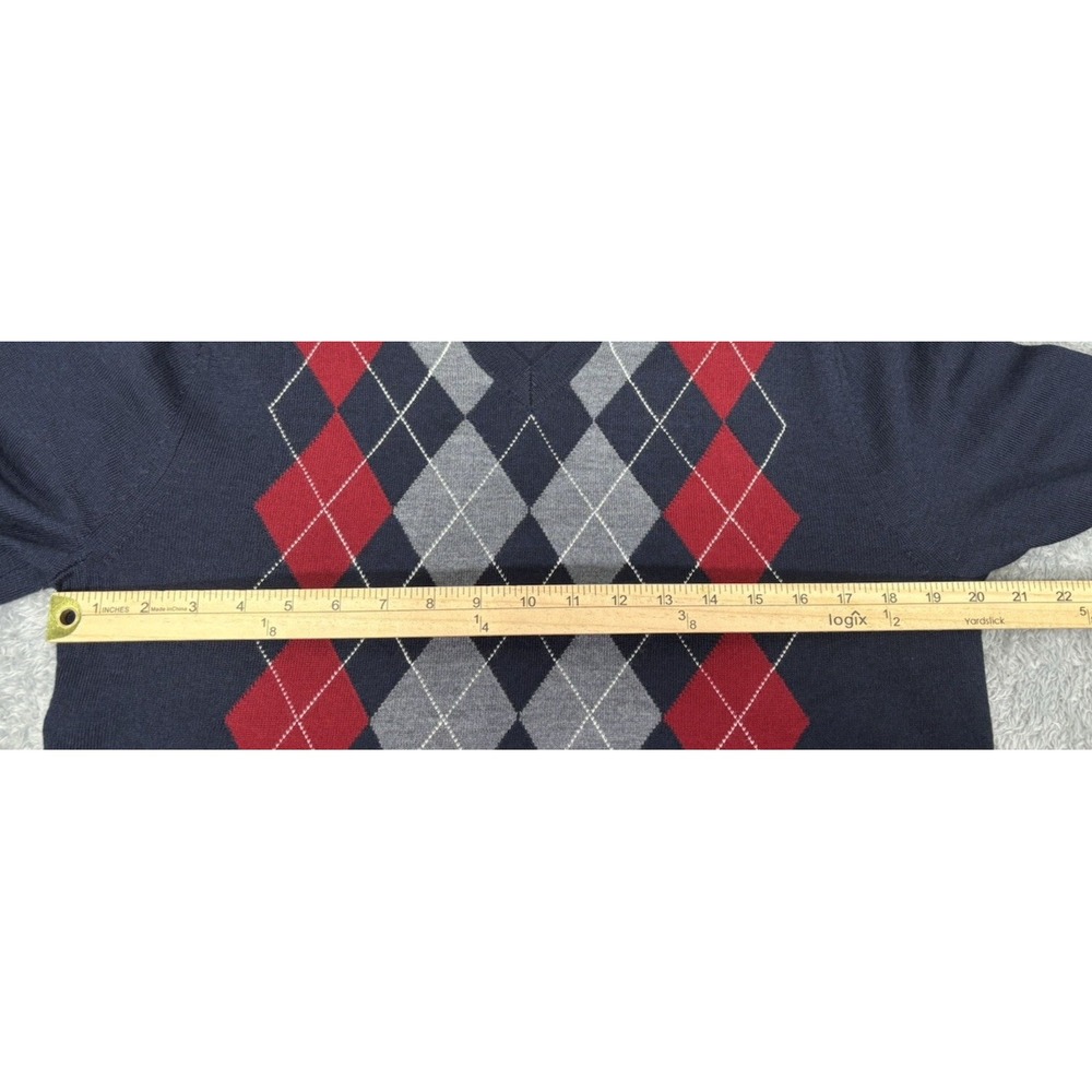 Banana Republic Mens M 100% Merino Wool Sweater Blue Red Argyle V Neck Preppy - Picture 5 of 8